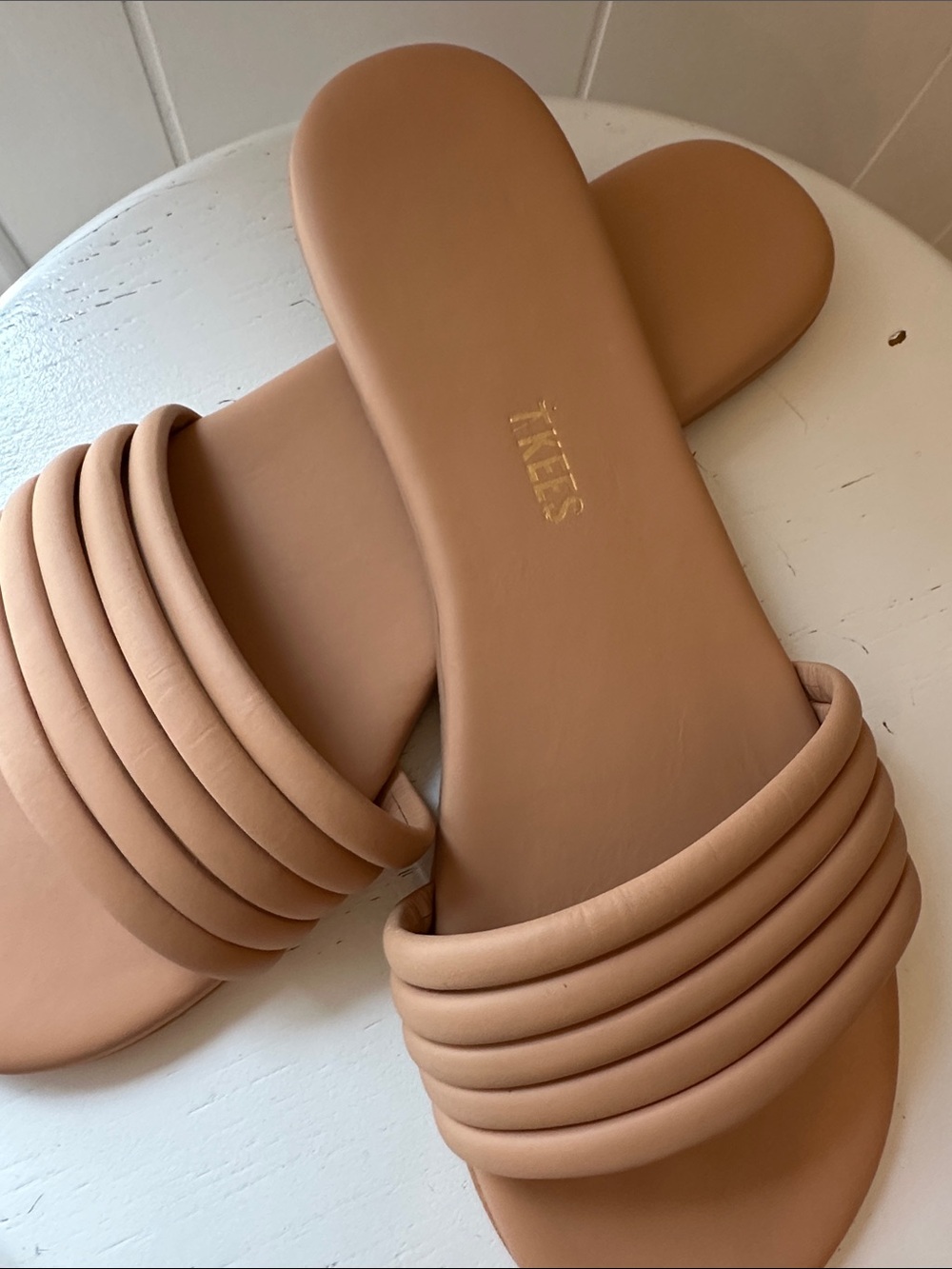 TKEES Padded Strap Slide Sandals in Nude Tan
